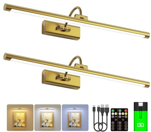 Craftersmark 24 Brass Picture Art Light with 1pcs Extra 8000mAh Battery - 2 Pack Wireless Dimmable Wall Mount for Oversized Paintings, Posters & Mirror