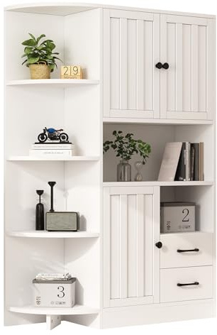 104 x 35 x 155 cm, armario de esquina con 3 armarios + 2 cajones, estanterías de salón, armarios altos y highboard con un total de 14 áreas de almacenamiento, estanterías, aparador, color blanco