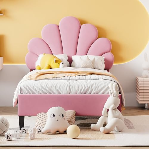 Yeutre Lit Enfant Fille 90x200, Lit Simple Rembourré avec Tête de Lits Réglable en Hauteur en Forme De Pétale, Sommier à Lattes, Lits 1 Personne pour Fille Adolescent, Velours (Couleur Rose)