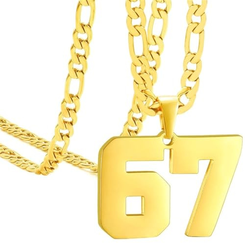 PAURO Men's and Women's Stainless Steel Classic Simple Personalized Athlete Number Sports Digital Necklace Gold Number 67