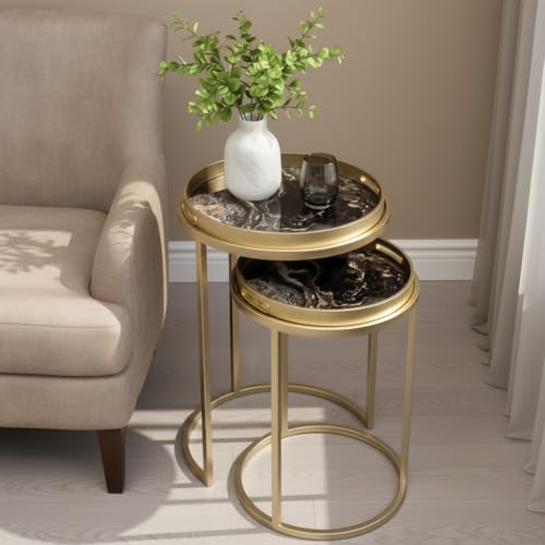 Maison Des Cadeaux Elegant Set of 2 Side Tables with Gold Frame and Marble Effect Tops