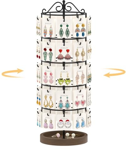 EsLuker.ly Earring Holder Organizer Rotating Display Tree Stand, Adjustable Height Earring Card Hanger Rack with 50 Hooks for Vendors Selling, 5 Tier Metal Jewelry Storage Tower with Wooden Tray