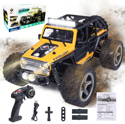 Monstertruck Fjärrstyrd, monstertruck fjärrstyrd från 3 4 6 8 år, 2,4 Ghz fjärrstyrd bil med ljus och 2 batteri, RC monstertruck leksak, bil för barn och pojkar
