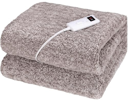 TLGREEN Värmefilt 180 x 130 cm, fluffig elektrisk värmefilt, lammskinnslook med automatisk avstängning, reversibel, överhettningsskydd, timer, 9 temperaturnivåer, tvättbar, gosig filt för soffa säng