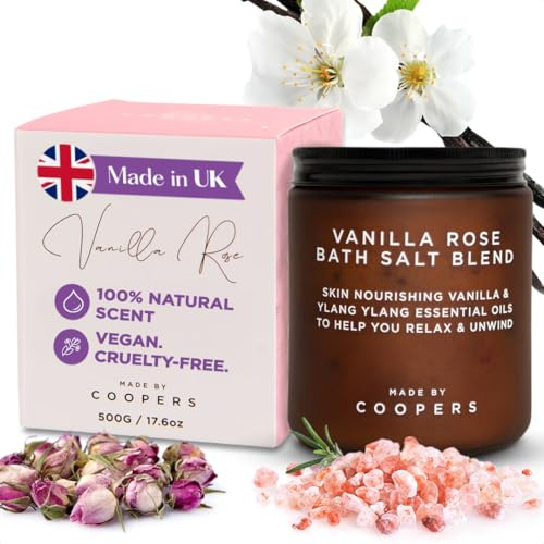 Tillverkad av Coopers Vanilla Rose närande badsaltblandning med eteriska oljor och kokosolja, 500 g glas