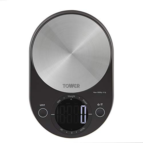 Tower Kitchen Scales, Digital Scales with Zero Weigh Function, Black, 14.77 x 22.27 x 3.85 cm