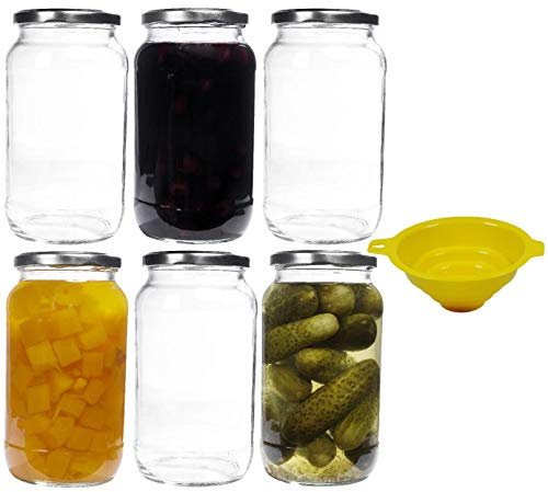 mikken 6 x Einmachglas 1 Liter mit Schraubverschluss silber, inkl. Trichter