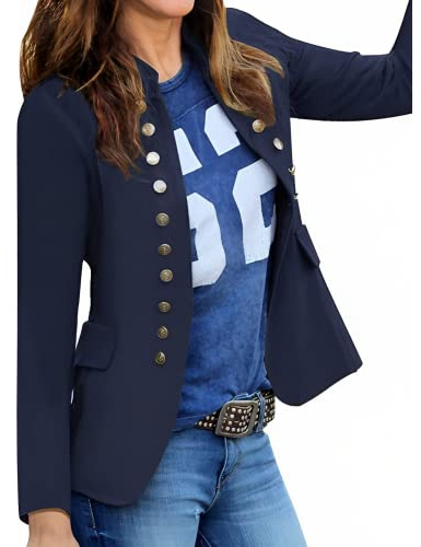 Roskiky - Veste décontractée unie pour femme, ouverte sur le devant, avec boutons et col montant, bleu marine, M