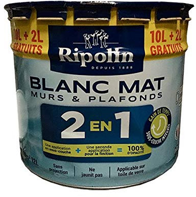 RIPOLIN Peinture Murs et Plafonds 2en1 Blanc mat 12L - 12 L