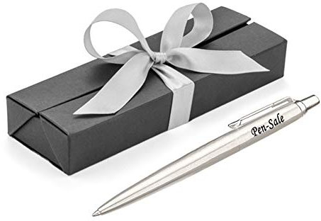 Personalised Engraved Parker Jotter Stainless Steel Ballpoint Pen in a Black Box with Silver Ribbon, Blue ink, Custom Gifts for Christmas - Enter Your Custom Engraving