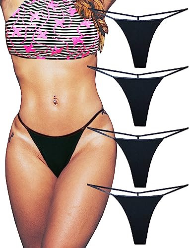 KUKU PANDA Baumwolle String Tangas für Frauen T Back G String Unterwäsche Nahtlos Panty Tangas Sexy 4er Pack Set (Schwarz, Medium)