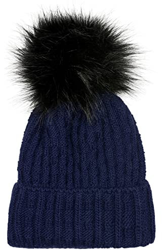 styleBREAKER Unisex warme Strick Bommelmütze mit Flecht Muster und Fleece Futter, Winter Fellbommel Mütze 04024171, Farbe:Dunkelblau