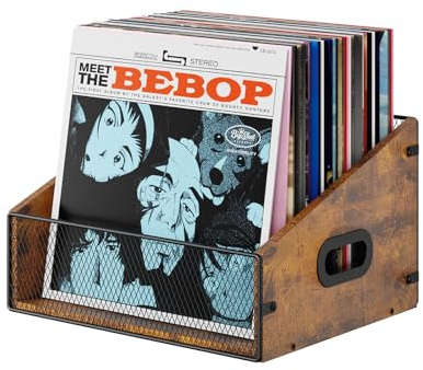 Yuzehuaza Soporte de almacenamiento de discos de vinilo, caja trapezoidal LP con asa, almacenamiento de álbumes de madera y metal, caja organizadora de escritorio para libros, archivos, marrón rústico