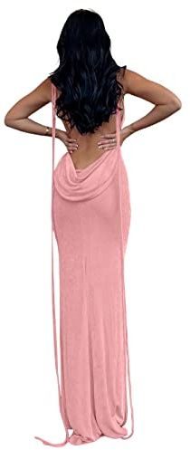 Volemo Womens Summer Backless Bodycon Dress Halter Cowl Neck Slip Spaghetti Strap Sexy Cocktail Party Maxi Dresses Light Pink M