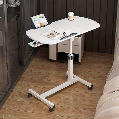 Lvhecforhm Table de Lit Roulette, Hauteur Ajustable Laptop Support de Souris Séparé, Bureau Debout Mobile 60x40CM avec Petit Tiroir, Bureau Pliable, 360° D'ordinateur Levage Rotatif Blanc