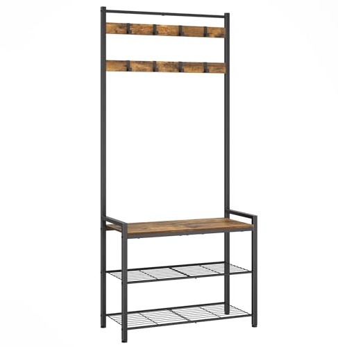 YATINEY Hall Tree, Coat Rack with Shoe Bench, Entryway Bench with Shoe Storage, Multifunctional Entryway Storage Organizer, Metal Frame and 8 Movable Hooks, for Hallway, Rustic Brown MT01BR