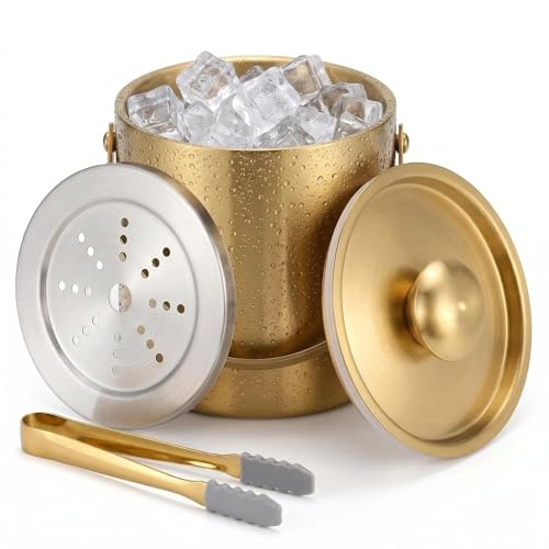 Sipoyen Cubo de hielo dorado con tapa, asa y pinzas, cubo de champán de acero inoxidable aislado de 3 L, cubo de vino para fiesta, bar, carrito, accesorios, cubo grande de doble pared para mantener