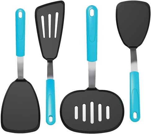 4 Pack Silicone Spatulas for Non Stick Frying Pan, GEEKHOM Kitchen Cooking Utensils Set 600F Heat Resistant Spatula Turner Extra Large Flexible, Spatula Flipper for Pancake, Eggs, Fish, Omelet, Blue