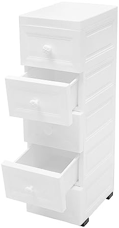 kangten Gabinete lateral PP Cajonera con ruedas, 5 cajones, armario estrecho impermeable para sala de estar, cocina, dormitorio, blanco 25 x 34 x 82 cm, mil20240329001