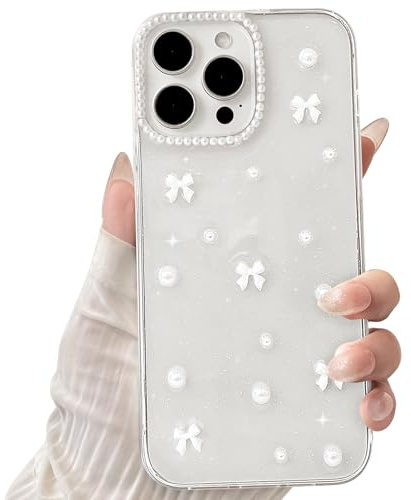 NITITOP Compatible with iPhone 16 Pro Max Case Clear Cute for Women Girls Glitter with 3D Bowknot Pattern Pearl Design Bling Sparkly Protective Phone Cover - White