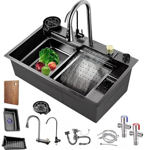 Évier de cuisine en acier inoxydable - 68 x 45 cm - Évier cascade multifonction avec bonde à un bouton - Accessoires pour cuisines, balcons et bars (80 × 45 cm)