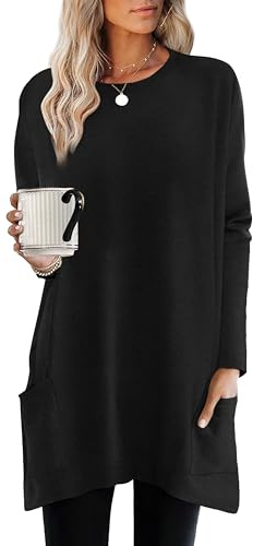 XIEERDUO Womens Tops Loose Fit Tunic Tops Business Casual Long Sleeve Shirts for Women High Low Tops with Pockets Quiet Luxury Clothes Black L