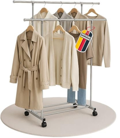 Coemo fahrbarer Kleiderständer stabil 162x42x160 cm, Rollgarderobe aus Metall, 2 Kleiderstangen für Schlafzimmer, Hängestangen für Kleidung, Kleiderständer auf Rollen Garderobenständer Klappbar