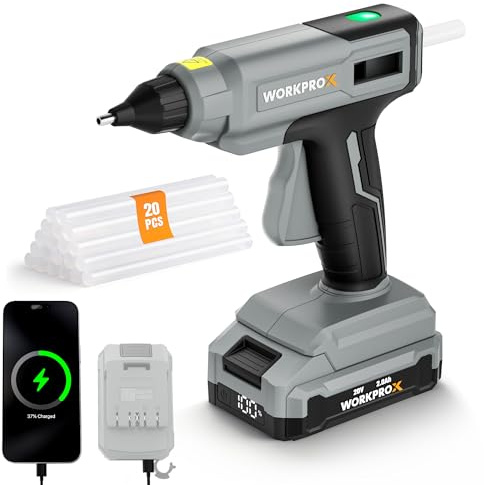 WORKPROX Cordless Hot Glue Gun, 90min Runtime, 20V Rechargeable Full-Size Glue Gun Kit with 20pcs Glue Sticks, 2Ah Battery, USB-C Charging Cord, Smart Power-Off for DIY Crafts, Repair, School Projects
