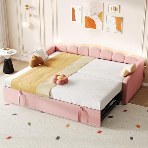 Jovify Daybed with Pull out Trundle Bed and RGB LED Lighting, 3FT Single Functional Upholstered Bed 90x190 cm, Petal Shape Guest Sofa Beds Youth Beds For Adults & Teenagers, Velvet, Pink, No Mattress