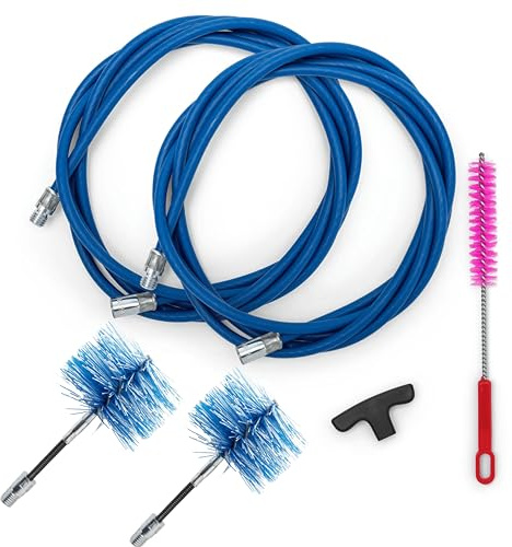 BARETTO Kit de Limpieza de Estufas de Pellets, Kit Deshollinador Estufa Pellets con Extensión de 6 Metros con Curva de 90°, 2 Cepillos Flexibles de Nylon 80 mm y 100 mm (6 M)