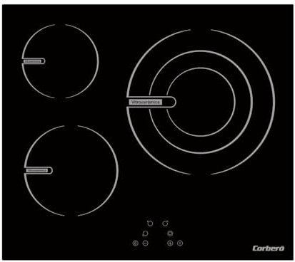 Corberó – Placa Vitrocerámica | CCVG35BF | 59x52x6 cm | 3 Zonas de Cocción | Zona Extra Grande 28 cm | 5700W | Control Táctil | 9 Niveles de Potencia | Desconexión Automática