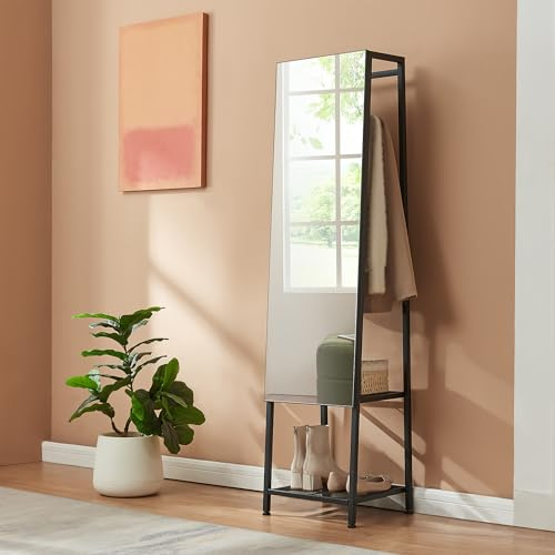 [en.casa] Specchio a Figura Intera con Appendiabiti Stand Porta Abiti Specchio Rettangolare da Terra Ripiani Barra Porta Vestiti per Ingresso Camera da Letto 160 x 40 x 35 cm - Nero