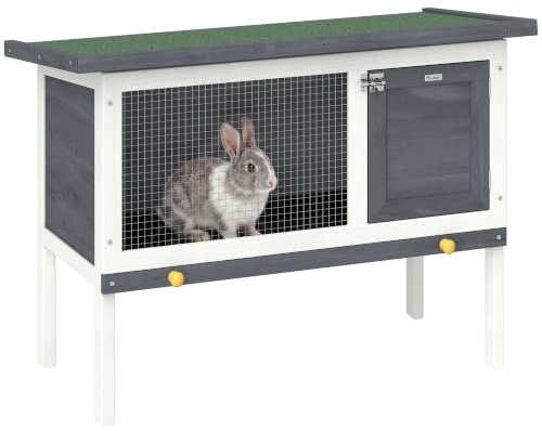 PawHut Wooden Rabbit Hutch with Openable Asphalt Roof for Rabbits Grey