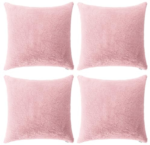 Thmyo 4-Pack Super Soft Fluffy Faux Fur Cushion Covers 45x45 cm Pink | Comfortable Plush Square Throw Pillow Cases Decorative Pillowcases for Sofa Bed Couch Living Room Home Decoration
