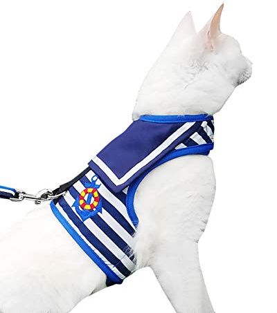 Yizhi Miaow Escape Proof Cat Harness with Leash Large, Adjustable Cat Walking Jackets, Padded Cat Vest Sailor Suit Navy