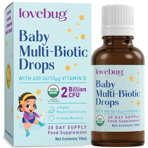 Lovebug Baby Probiotic Drops – 2 Billion CFU Multi-Strain Formula with Vitamin D (400 IU) - Tasteless & Sugar-Free Liquid Drops for Newborns, Babies and Infants (0-24 Months) - 30 Day Supply