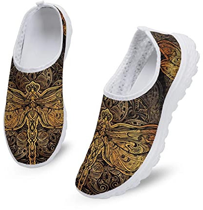 Dolyues Neuheit Krankenschwester Frauen Turnschuhe – Gothic Skull Niedlich Tier Schwein Hund Ethnisch Boho Trainer Sneaker Schuhe Walk Sport Laufen, Goldfarbene Libelle, 40.5 EU