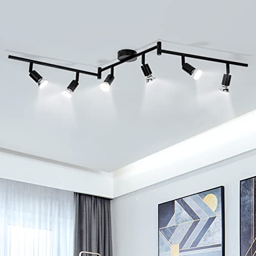 wowatt Lámpara de techo LED Plafón con Focos Giratorios Lámpara de salón 6x Spot Bombillas GU10 Bajo consumo 5W Focos LED Interior Techo 230V 6000K Blanco frío 420lm 82Ra IP20 Negro Mate
