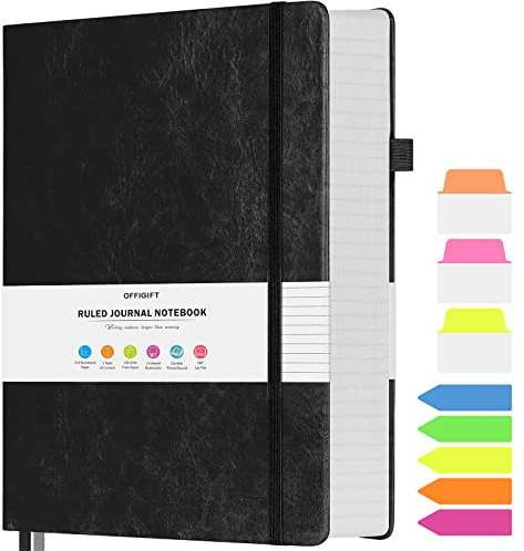 College Ruled Notebook, Large B5 Lined Journal Notebook, 314 Numbered Pages Work Notebook with Index Stickers, 100gsm Thick Paper, Hardcover Vegan Leather Journal for Women Men School Office, Black