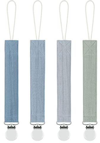 MoodyBaby® Soft Organic Muslin Cotton Fabric Dummy Clips - Handmade Pacifier Clip Chain for Babies Newborns Girls Boys - Mam Soother Chain Neutral Unisex Boho Shower Gift - 4 Pack (Blue Green)