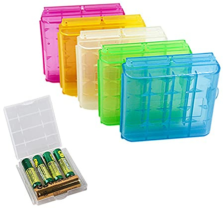 6 Pcs Hard Plastic Battery Case Battery Organizer Holder Battery Storage Boxes for AA or AAA Batteries or Rechargeable Batteries, 5 Colors (Yellow, Transparent, Red, Blue, Green)