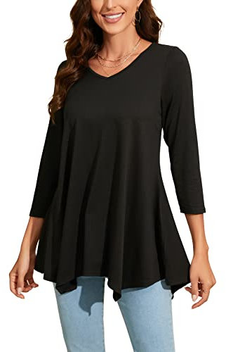 Enmain Damen Schwarze Tunika V Ausschnitt Langarm 3/4 Ärmel Longbluse Einfarbige Lange Oberteile Für Frauen Große Größen Shirt Tuniken Blusen,Schwarz,2XL