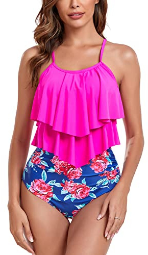 FLYILY Two Pieces Swimsuit for Women Double Level Ruffled Flounce Top with High Waisted Bottom Bikini Set Tummy Control Swimwear Bathing Suits(4-Rosered,M)