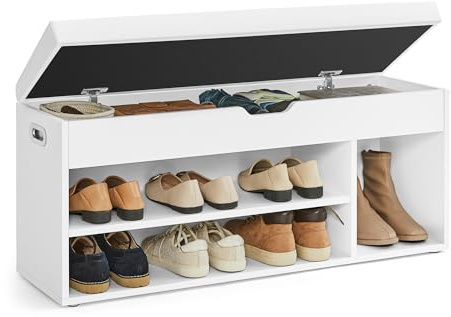 VASAGLE Scarpiera Panca Ingresso, Panca Contenitore con Cuscino Imbottito, 3 Scomparti, Ripiani, Soggiorno Corridoio Camera da Letto, Portata 136 kg, Bianco Nuvola LHS130W14