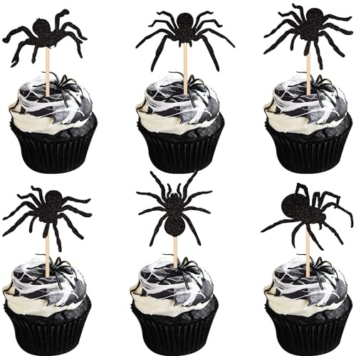 30 PCS Glitter Black Spider Cupcake Toppers - Halloween Cupcake Decorations for Baby Shower & Birthday Party Cake Decorations