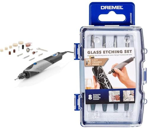 Dremel 2050 Stylo+ Outil Rotatif Multifonction (15 acc; 5000-22000 tr/min) & 682 Coffret Kit d’Accessoires de Gravure sur Verre Incluant 8 Accessoires Multi-Usage pour le Travail du Verre