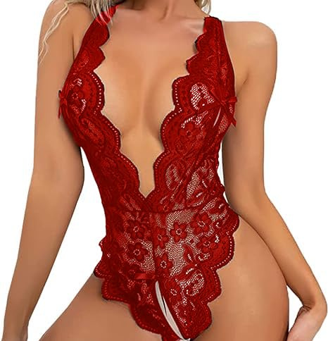 Femme Babydoll Dentelle Ouverte Fendue sous Vêtements Feminins Décolleté en V Teddy Lingerie, Bordeaux