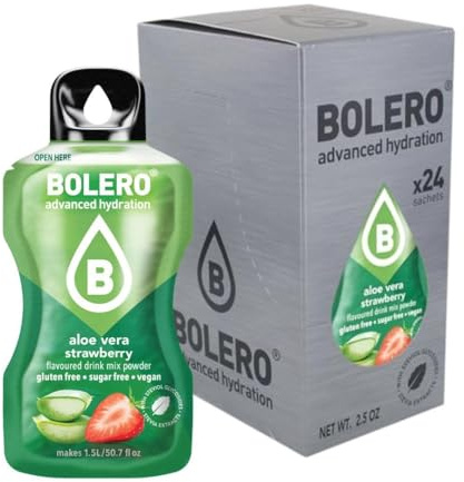 Bolero Aloe Vera STRAWBERRY 24 x 3 g | Jus en poudre sans sucre, sucré avec de la stévia + vitamine C | Convient pour les enfants et les diabétiques | Sans gluten et adapté aux végétaliens | Le goût