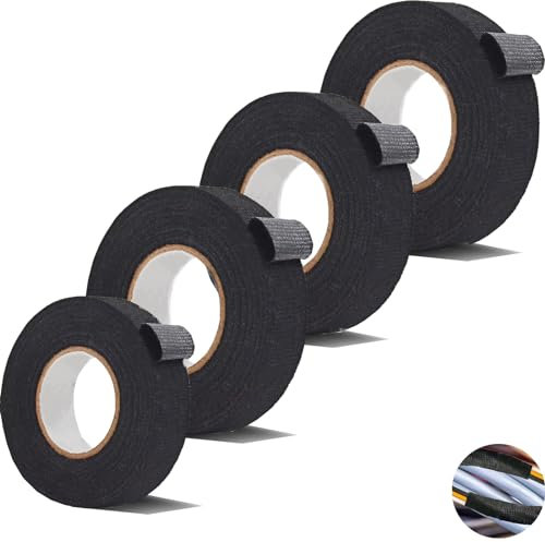 YQBFTC 4 unidades de cinta aislante de tela, 19 mm x 15 m, cinta de tela negra, cinta para cableado de coche, cinta aislante para altas temperaturas, cinta adhesiva de tela negra para cables a la