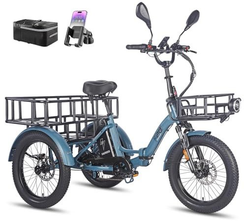 Fafrees F20 Mate Ebike Dreirad Lastenfahrrad 20 * 3.0 Zoll, E Bike Klapprad 48V 21Ah Akku, E Bike 3 Rad 65N.m 25km/h, Dreirad für senioren (Vorderer Korb + großer hinterer Korb, Blau)
